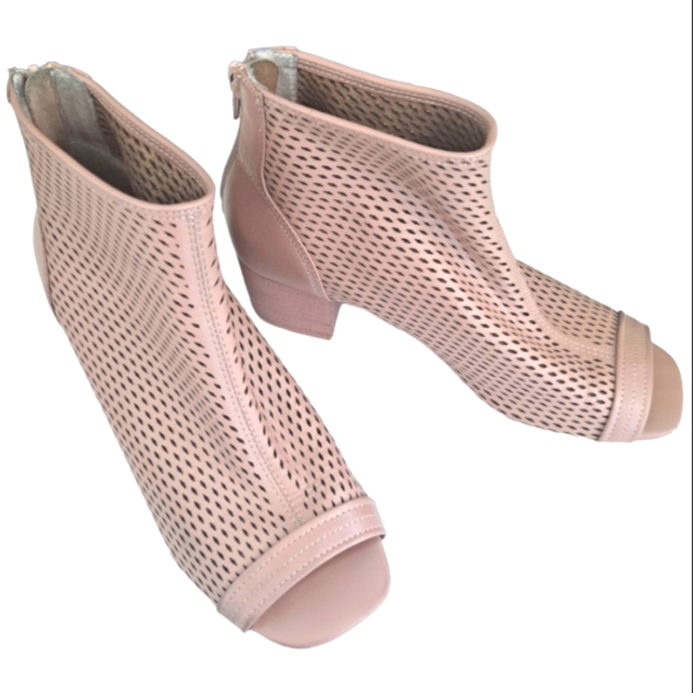 Kelsi Dagger Brooklyn Ankle Zip Bootie Shootie Chunky Heel Sandals Tan Nude sz7